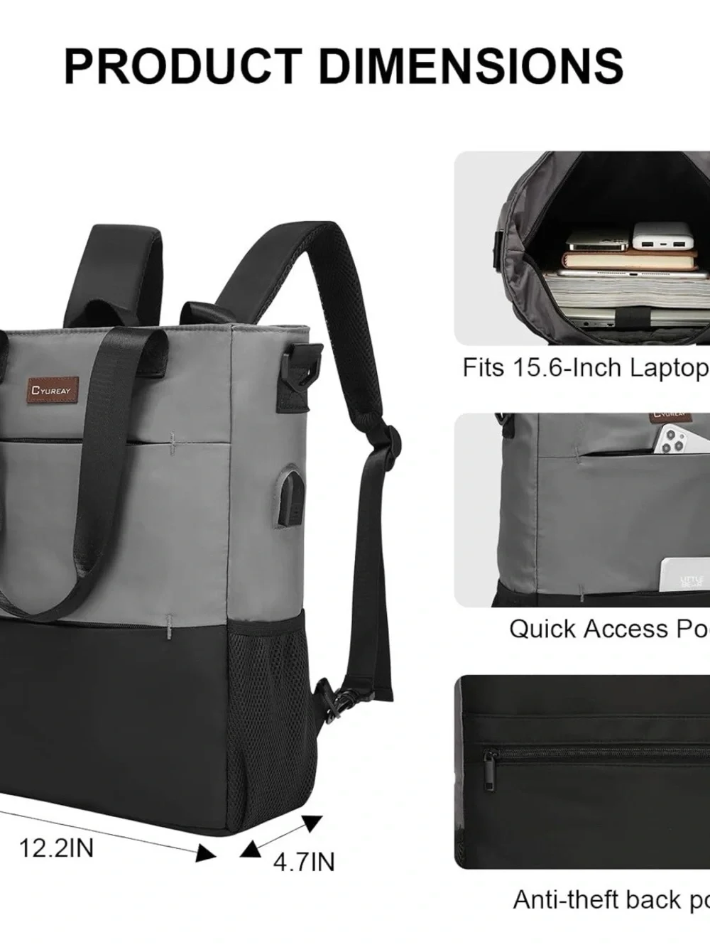 Cyureay Two-Tone Gray & Black Men's Tote Backpack